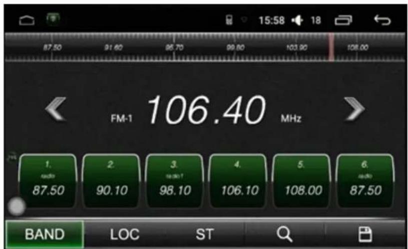 87.50 91.60 96.70 99.80 103.90 108.00 FM-1 106.40 MHz 1. radio 87.50 2. 90.10 3. radio? 98.10 4. 106.10 5. 108.00 6. radio 87.50 BAND LOC ST Q