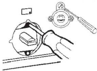 Illustration of a hand using a tool to adjust a small object inside a container, with no visible text or symbols.