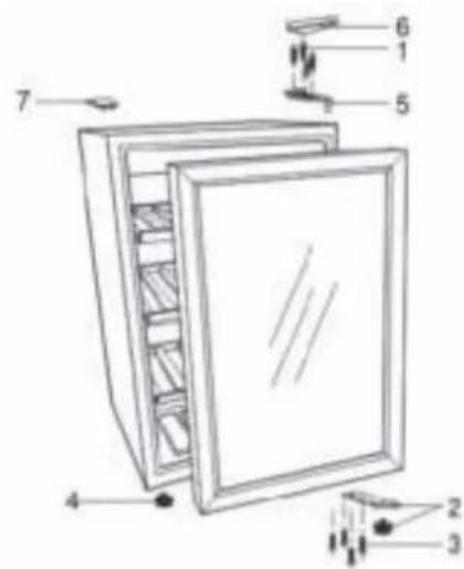 Technical diagram of a refrigerator with numbered parts for identification.