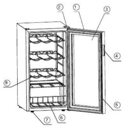Technical diagram of an open refrigerator with numbered components for identification.