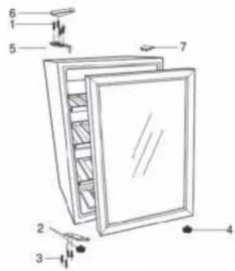 Technical diagram of a refrigerator with numbered parts for identification.