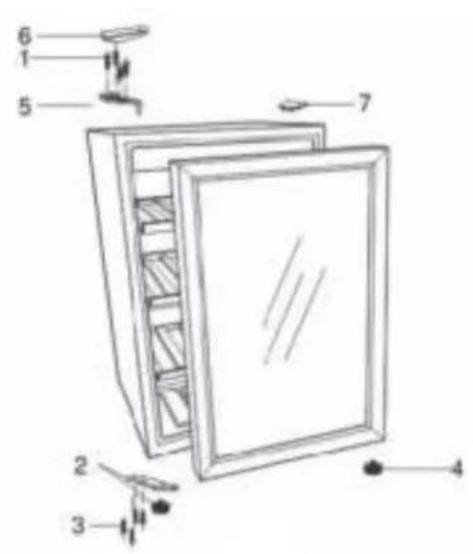 Technical diagram of a refrigerator with numbered parts for identification.