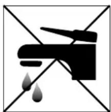 Black and white pictogram of a faucet with water droplets falling, crossed out by diagonal lines (no text or symbols)