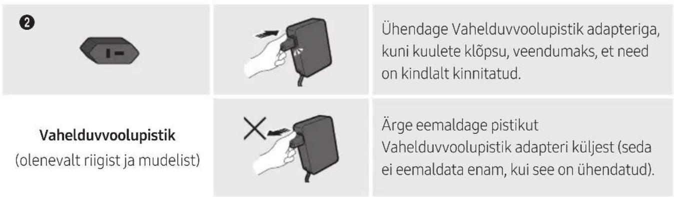 Ühendage Vahelduvvoolupistik adapteriga, kuni kuulete klõpsu, veendumaks, et need on kindlalt kinnitatud. Vahelduvvoolupistik (olenevalt riigist ja mudelist) Ärge eemaldage pistikut Vahelduvvoolupistik adapteri küljest (seda ei eemaldata enam, kui see on ühendatud).