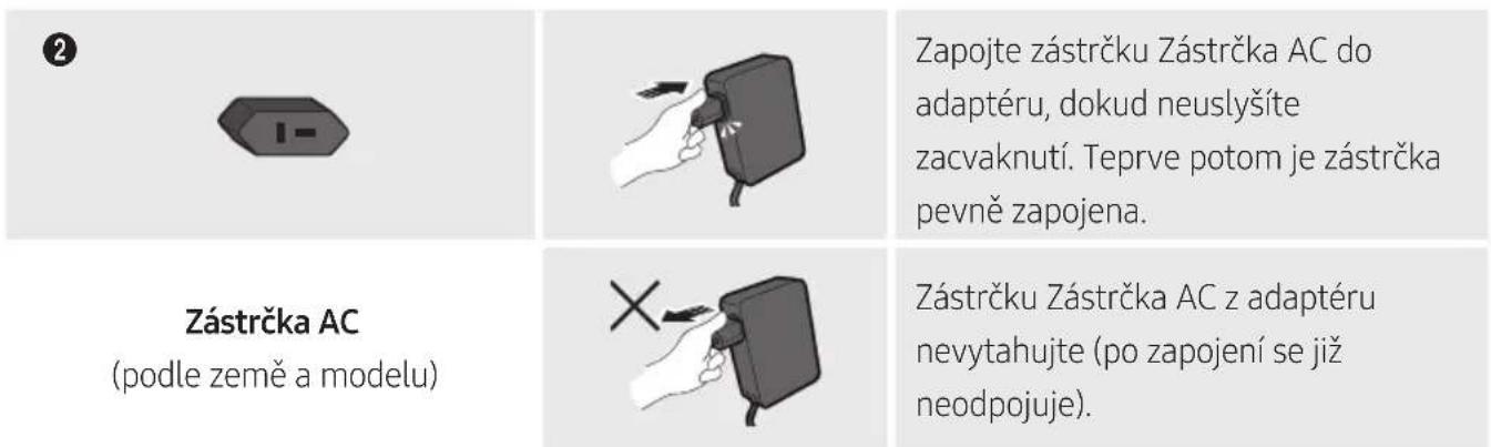 Zapojte zástrčku Zástrčka AC do adaptéru, dokud neuslyšíte zacvaknutí. Teprve potom je zástrčka pevně zapojena. Zástrčka AC (podle země a modelu) Zástrčku Zástrčka AC z adaptéru nevytahujte (po zapojení se již neodpojuje).
