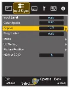 Input Signal Input Level Auto Color Space Auto Aspect: 16:9 Progressive Auto Mask 3D Setting Picture Position HDMI2 EVID A Exit Select Operate Back