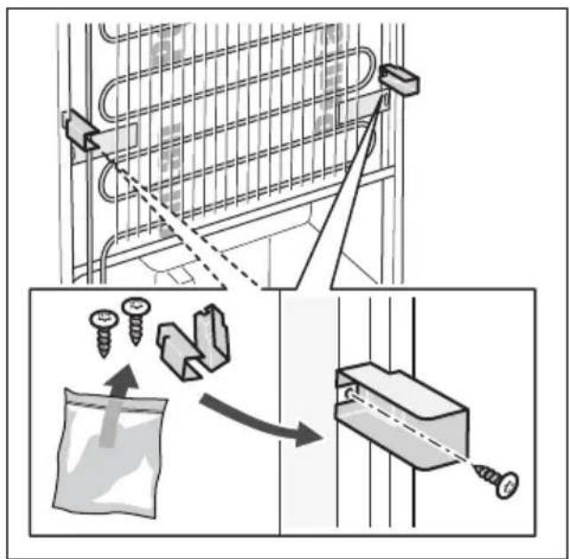 Diagram illustrating mechanical assembly steps with labeled components and directional arrows