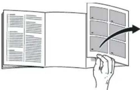 Illustration showing a hand holding a folded document with an arrow pointing to a grid-like panel, indicating transformation or mapping.