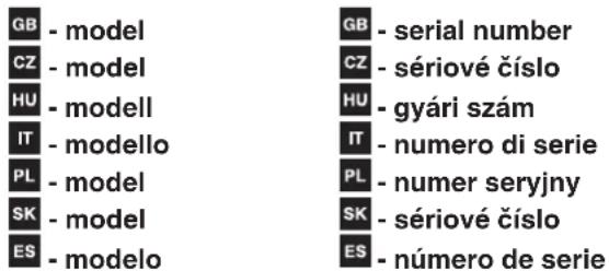 GB - model CZ - model HU - modell IT - modello PL - model SK - model ES - modelo GB - serial number CZ - sériové číslo HU - gyári szám IT - numero di serie PL - numer seryjny SK - sériové číslo ES - número de serie