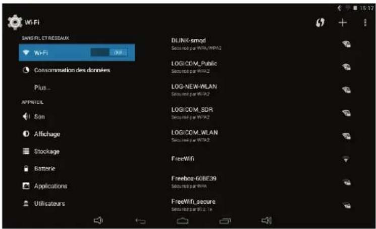 WiFi BANS FILET RESEAUX Wi-Fi DNS... Consommation des données Plus... APPVTEIL Son Affichage Stockage Batterie Applications Utilisateurs DLINK-smogd Secured par WiFi/WPA2 LOGICOM_Public Secured par WiFi2 LOG-NEW-WLAN Secured par WiFi2 LOGICOM_SDR Secured par WiFi2 LOGICOM_WLAN Secured par WiFi2 Free…