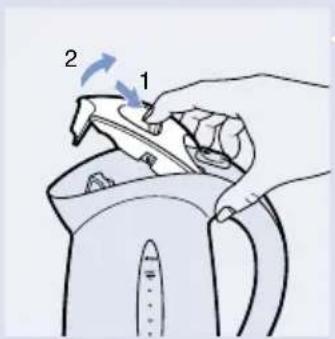 Diagram showing a hand using a tool to press or adjust a device, labeled with numbers 1 and 2 indicating directional movement.
