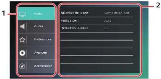 1 video Audio Preferences Avances Accreisabilité Affichage de la télé Grand écran 16.9 Video HDMI Auto Reduction du bruit 0 2