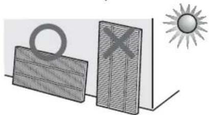 Illustration of a solar panel with a ring and an X symbol, next to a sun (no text or labels)