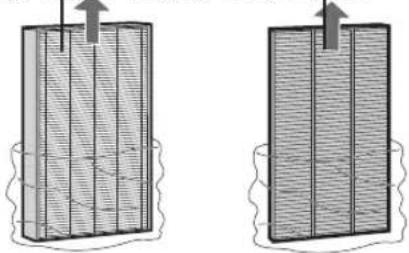 Two diagrams showing a rectangular object with vertical grooves and a coiled base, each with an upward arrow indicating direction (no text or symbols present)