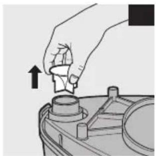Illustration of a hand holding a small container with an upward arrow, next to a car engine (no text or symbols).