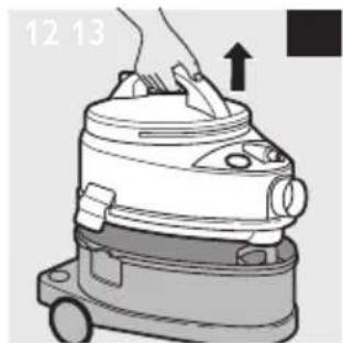Illustration of a hand operating a vacuum cleaner with an upward arrow indicating motion (no text or symbols).