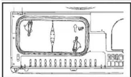 Technical diagram of a device rear panel with labeled components and directional arrows indicating movement or force.
