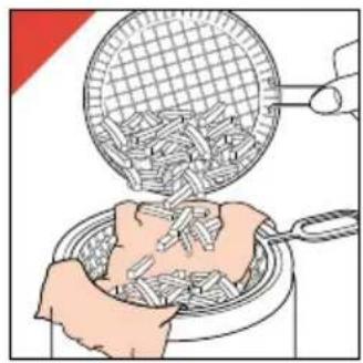 Illustration of a hand pouring food into a bowl with a mesh sieve (no text or symbols).