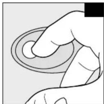 Illustration of a hand pressing a circular button (no text or symbols)