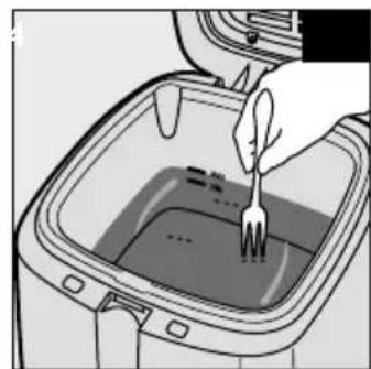 Illustration of a hand using a fork to lift liquid into a square food processor (no text or symbols visible)