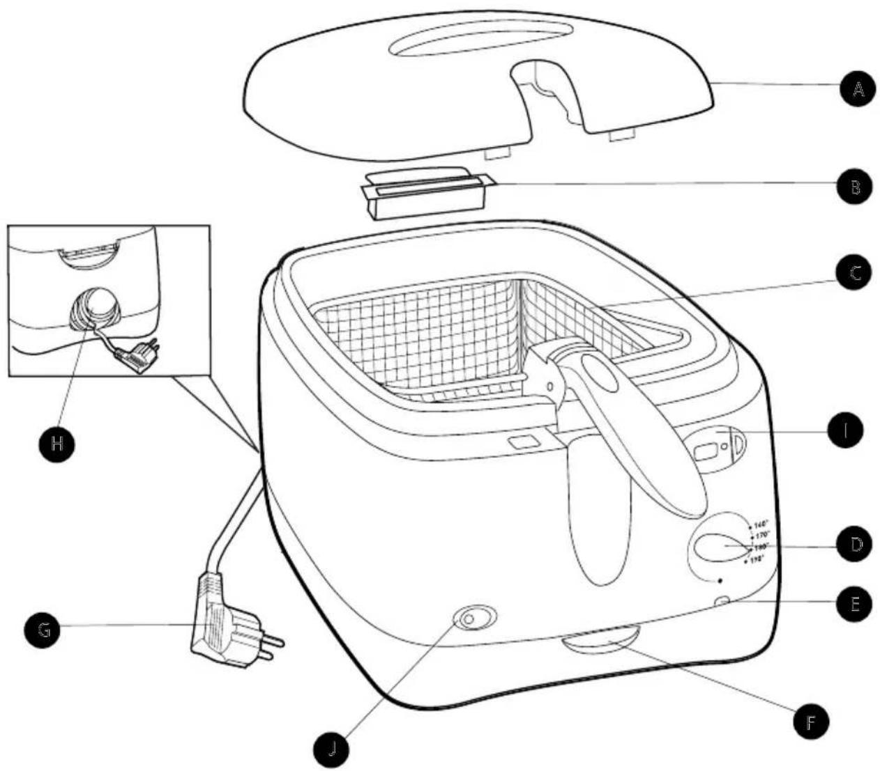Technical diagram of a toaster oven with labeled parts including air filters, power plug, and control panel