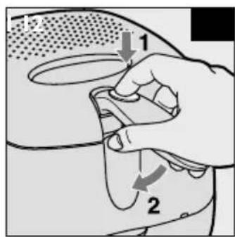 Diagram showing a hand pressing down on a device with labeled parts 1 and 2, indicating a step in the process.