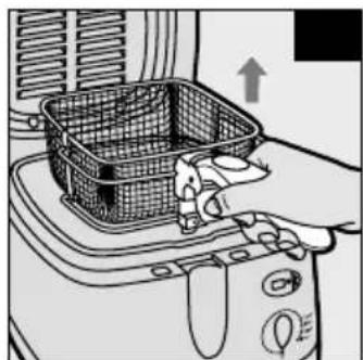 Line drawing of a kitchen appliance with a basket and handle, no text or symbols present
