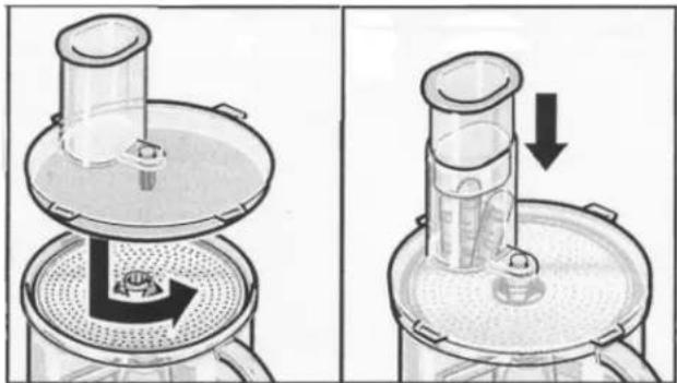 Two-step diagram showing a mechanical device with a rotating knob and a side view of the lid (no text or symbols).