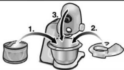 Illustration of a food vendor with labeled steps: serving milk and adding a cookie, then adding a cookie.