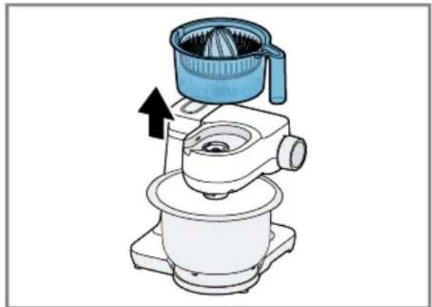 Illustration of a kitchen mixer with a blue bucket and upward arrow indicating motion (no text or symbols).