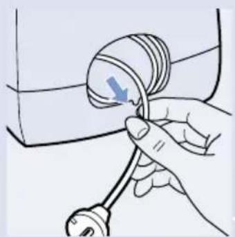 Illustration of a hand holding a tool with a blue arrow pointing to a cable or wire component (no text or symbols present)
