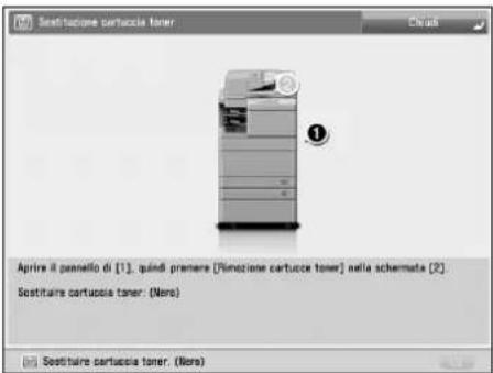 Sostituzione cartuccia toner Aprire il pannello di [1], quindi premere [Rimozione cartuccia toner] nella schermata [2] Sostituire cartuccia toner (Nero) Sostituire cartuccia toner (Nero)