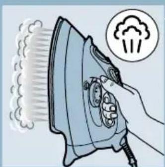Illustration of a hand using an iron to burn out steam, with smoke and a circular icon showing exhaust (no text or symbols).