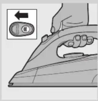 Illustration of a hand using a power iron to press down a button (no text or symbols present)