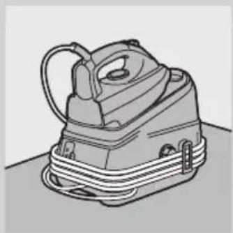 Line drawing of a vintage steam iron with coiled cable.