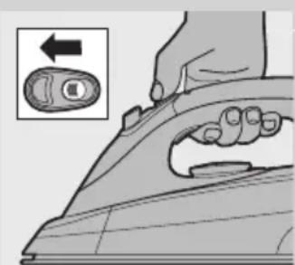 Illustration of a hand using a power iron to press down a button, with an inset showing the right-hand rule (no text or symbols present)