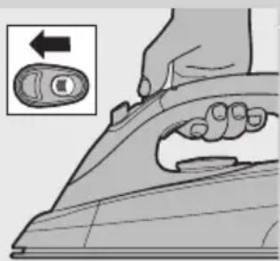 Illustration of a hand using a power iron to press down a button (no text or symbols present)