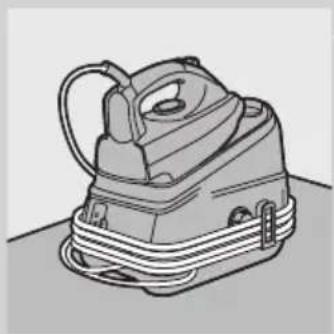 Illustration of a vintage steam iron with coiled cable (no text or symbols).
