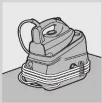 Illustration of a vintage steam iron with visible cord and base (no text or symbols)