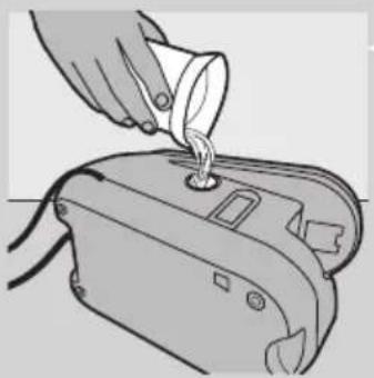 Illustration of a hand pouring liquid into a device (no text or symbols visible)