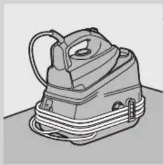 Illustration of a cartoon-style iron with a smiling face and loop handle (no text or symbols)