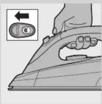 Illustration of a hand using a power iron to press down a button, with an inset showing the right-hand rule (no text or symbols present)