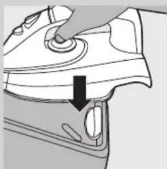 Diagram of a car interior showing a hand pressing down on the dashboard with a black arrow indicating direction (no text or symbols present)