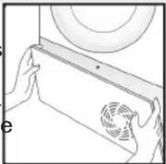 Line drawing of hands holding a fan inside a fan-shaped device (no text or symbols)