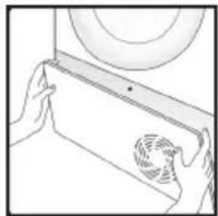 Line drawing of hands holding a fan with a circular component above (no text or symbols)