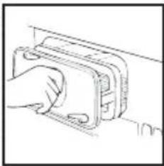 Line drawing of a hand inserting a card into a rectangular device (no text or symbols)