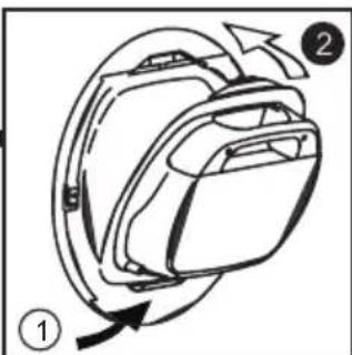 Diagram of a mechanical device with labeled parts (1 and 2), showing rotational motion arrows (no text or symbols beyond labels)