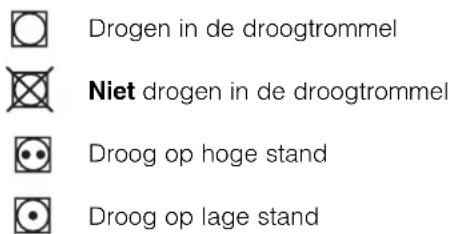 Drogen in de droogtrommel Niet drogen in de droogtrommel Droog op hoge stand Droog op lage stand