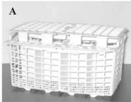 3D model of a modular building structure with grid patterns and mounting brackets (no text or symbols visible)