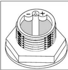 Technical line drawing of a mechanical component with threaded body and mounting base (no text or symbols)